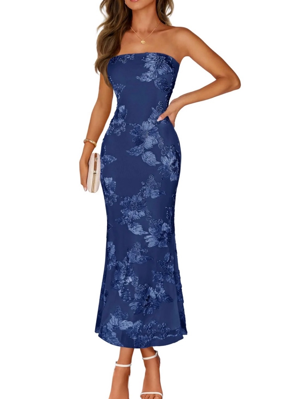 Elegant Strapless Navy Floral Maxi Dress